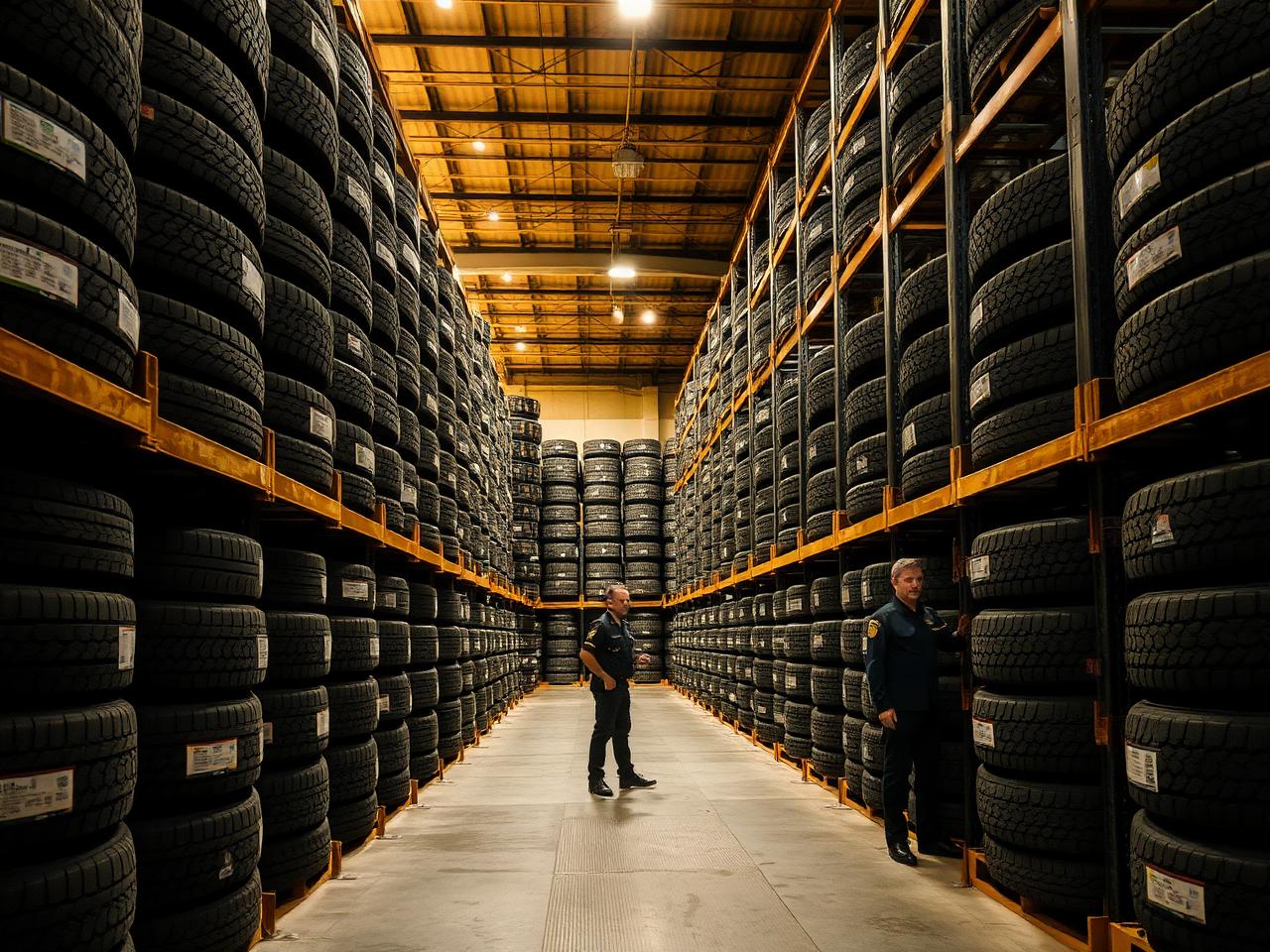 Tire Exist warehouse racking filled with new tyres